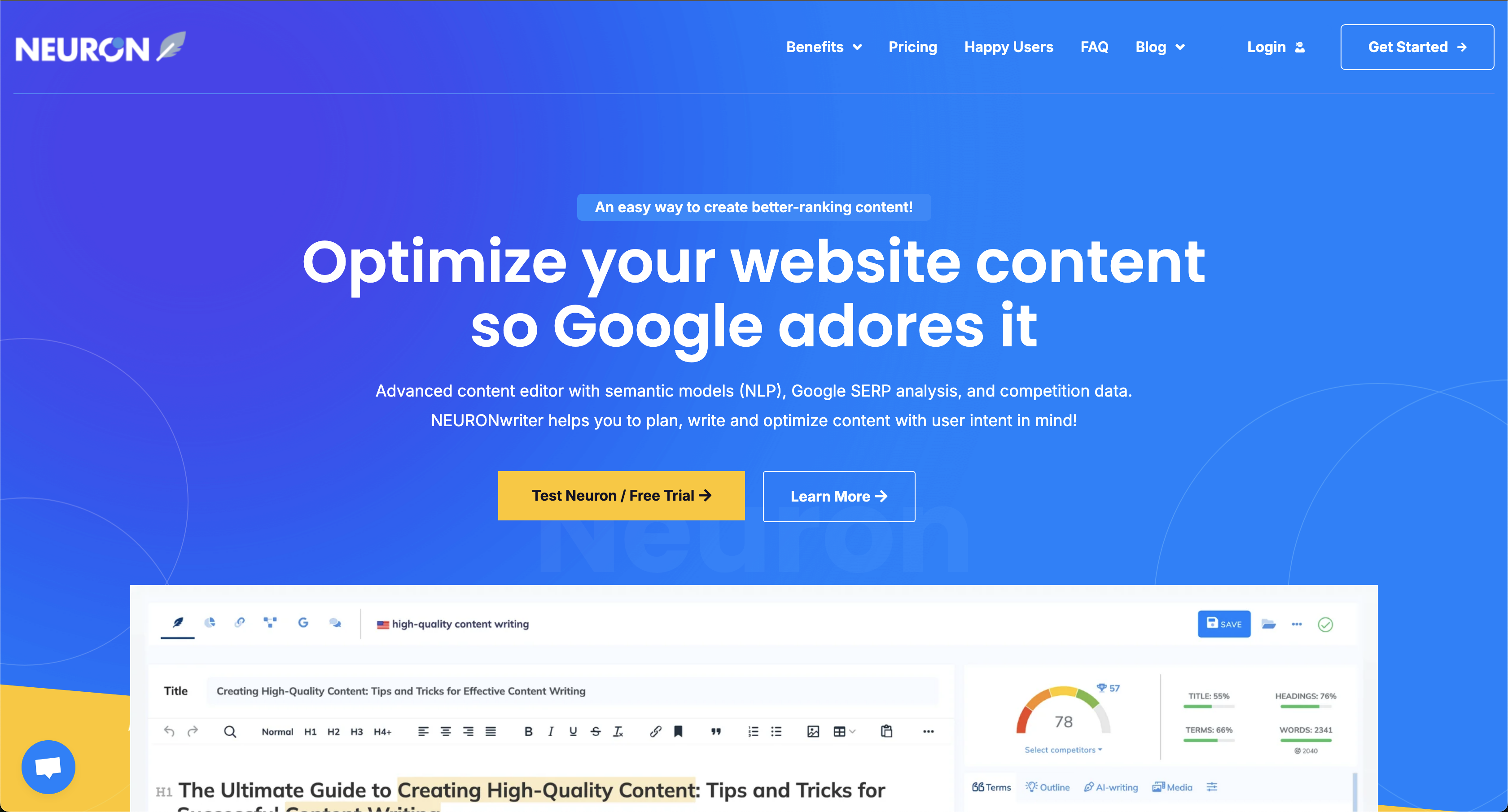 NeuronWriter interface showing content optimization features